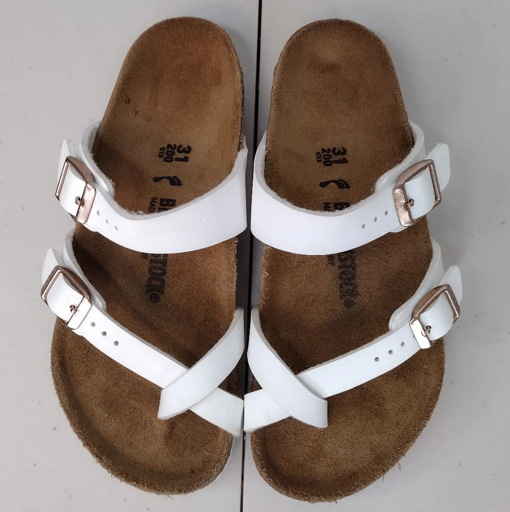 Birkenstock Kids White Two-Strap Cork Footbed Sandals with Rose Gold Buckles